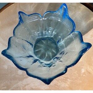 Vtg MCM Viking Glass Lotus Bowl Blue Frost Petal Flower 6” Label Collectible